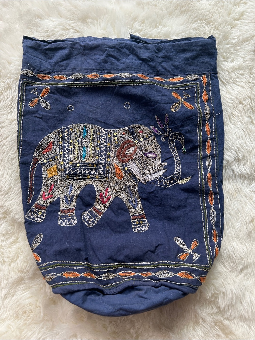 Embroidered Elephant Drawstring Bag - Navy with Multicolor Accents